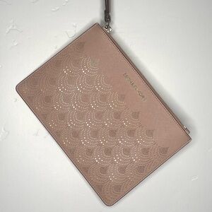 Michael Kors Travel Zip Leather Perforated Wristlet Clutch Purse Dusty Rose Pink